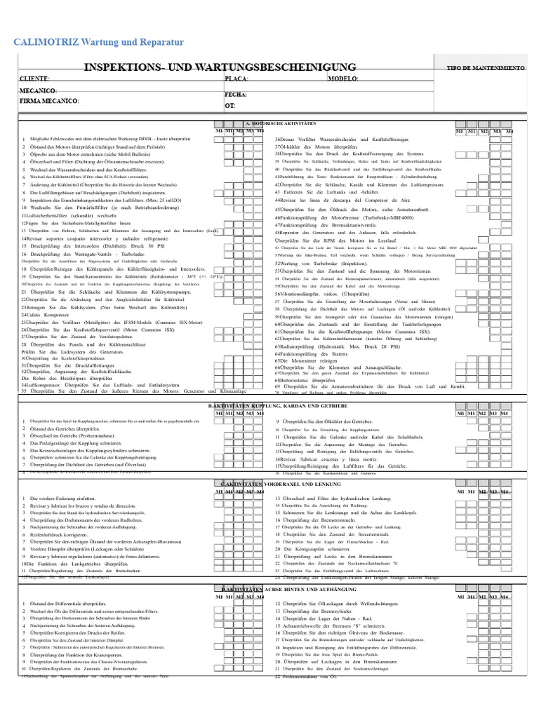 Inspektions - Und Wartungsblatt Freightliner - M1 - M2 - M3 - M4 | PDF