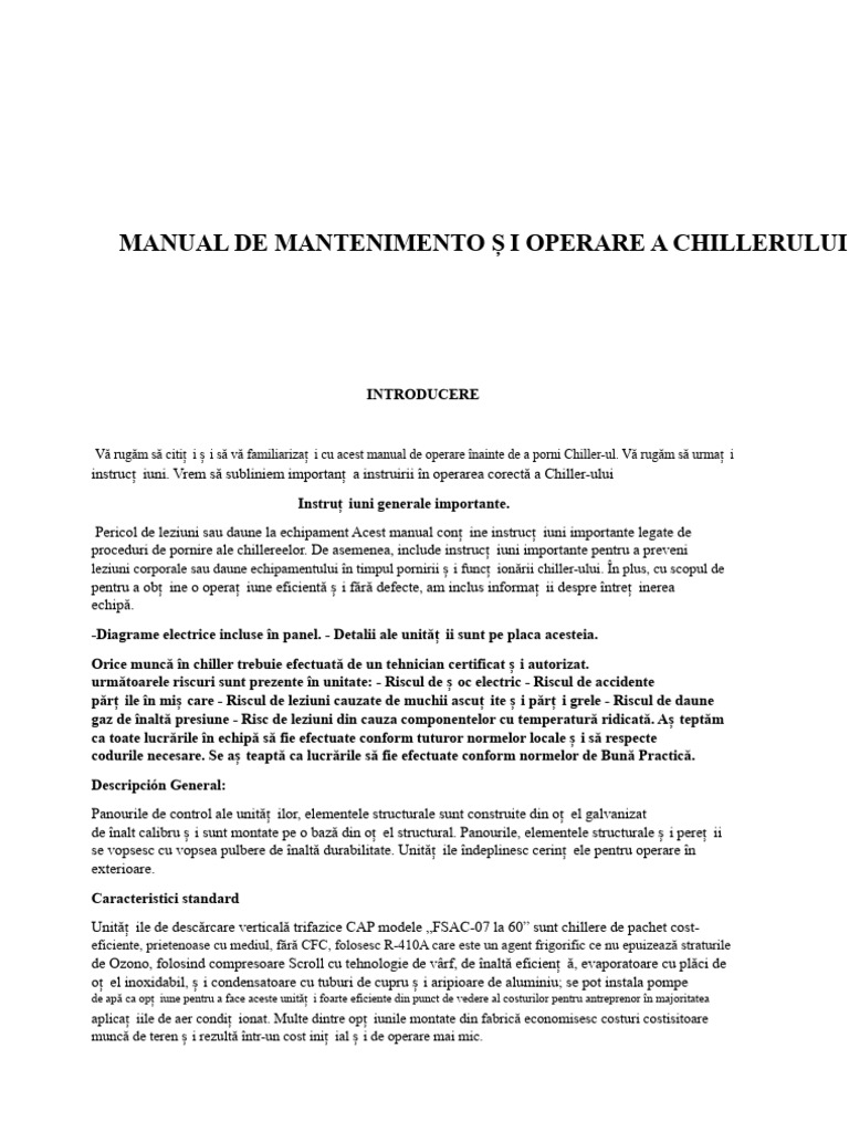 Manual de Operare Și Întreținere A Chillerului | PDF