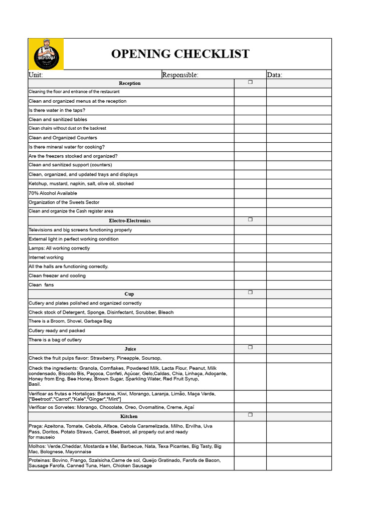 Restaurant Opening and Closing Checklist | PDF | Refrigerator | Western ...