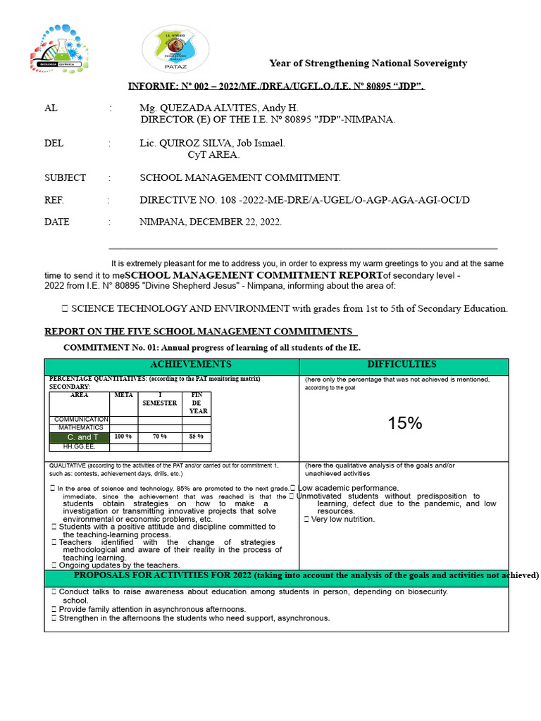 3. SCHOOL COMMITMENT REPORT 2022 | PDF | Teachers | Methodology