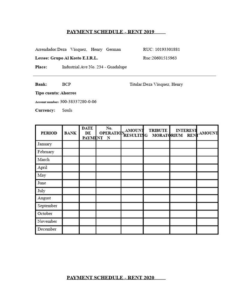 Rent Payment Schedule 2019-2022 | PDF | Lease | Renting