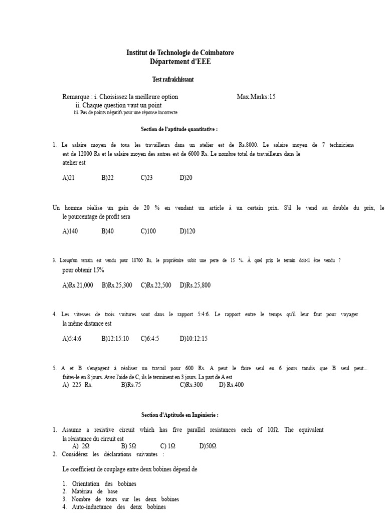 Test de compétences en EEE et ingénierie | PDF | Courant continu haute ...