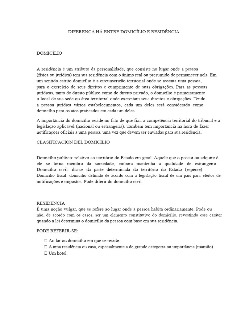 Diferença entre Domicílio e Residência | PDF | Domicílio (jurídico ...
