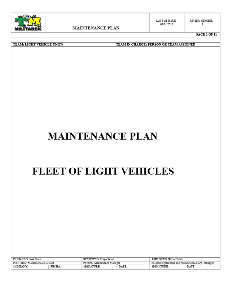 Light Fleet Maintenance Plan | PDF | Vehicles | Mechanical Engineering