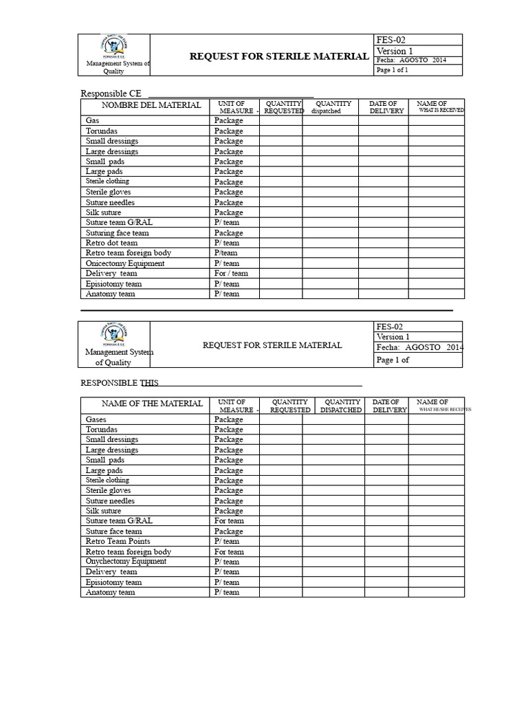 Sterile Material Request Form FES-02 | PDF | Surgical Suture
