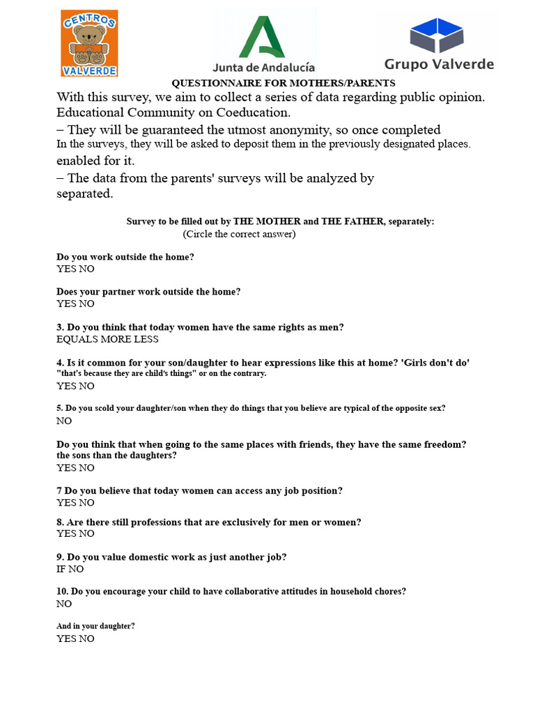 Questionnaire For Mothers and Fathers | PDF | Gender Role | Behavioural ...