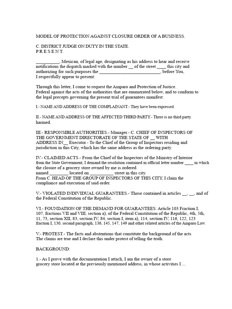 Model of Amparo Against Closure Order of A Business | PDF | Political ...
