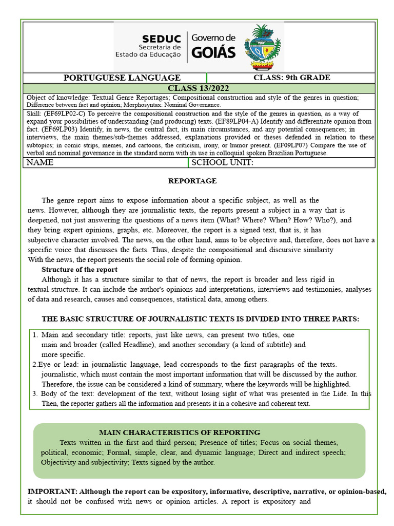 Class 13 - 9th Grade Language Arts - Report - Nominal Governance | PDF ...