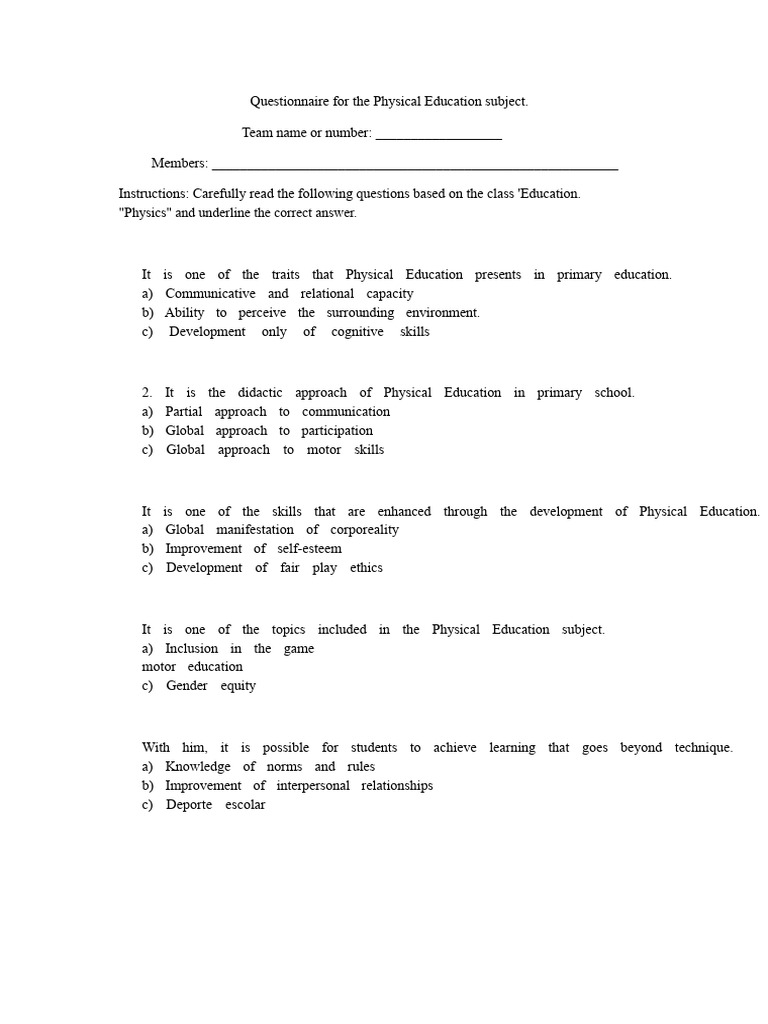 Physical Education Questionnaire for Students | PDF