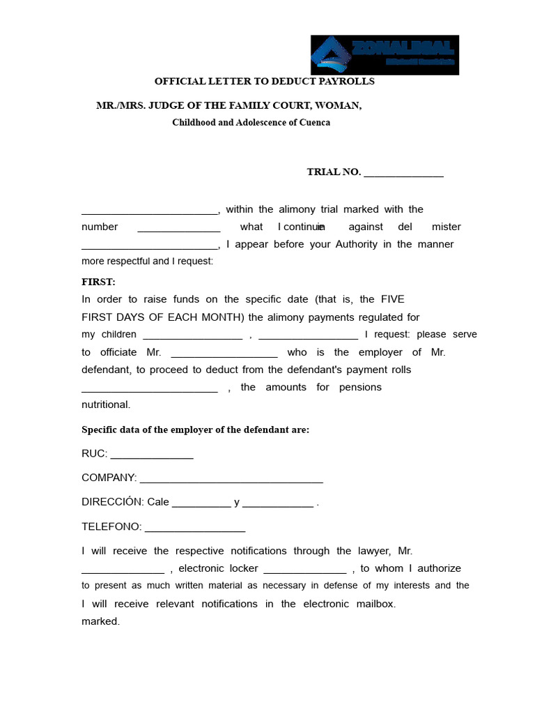 Official Document To Deduct Alimony From Payroll | PDF