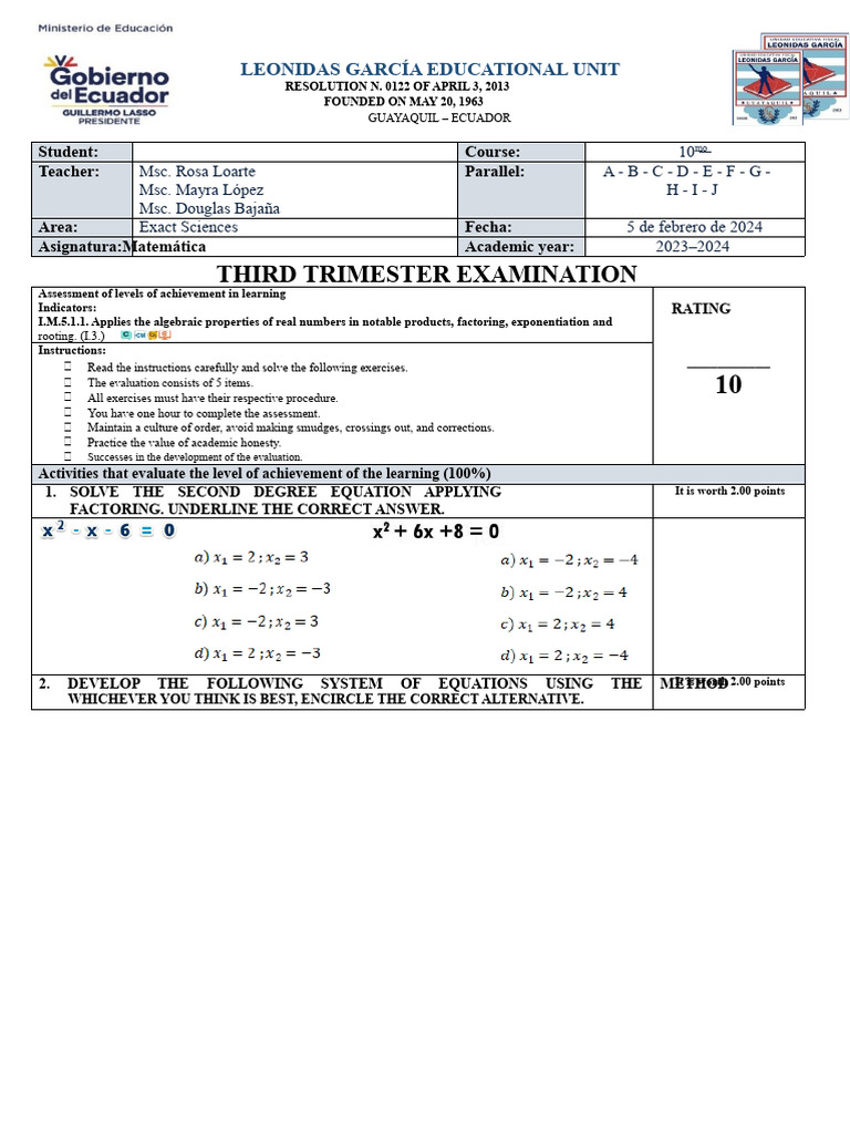 2023-2024 Math Exam for 10th Grade | PDF | Equations | Quadratic Equation