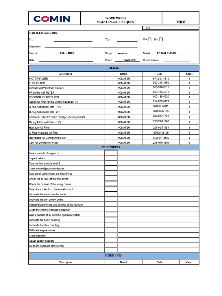 Komatsu Excavator Maintenance Work Order | PDF | Mechanical Engineering ...