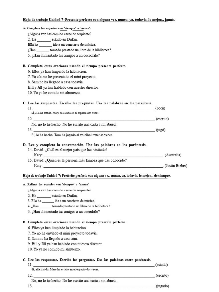 Ejercicio Del Presente Perfecto Con Ya, Todavía, Nunca, Alguna Vez. | PDF