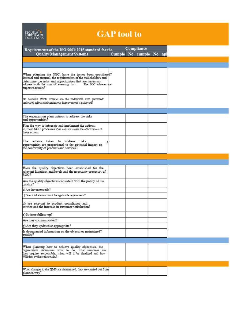 Clause 6 Planning ISO 9001:2015 Gap Analysis Tool | PDF | Quality ...