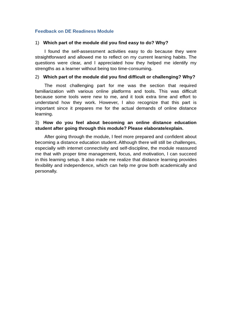 DE Readiness Module Feedback Insights | PDF