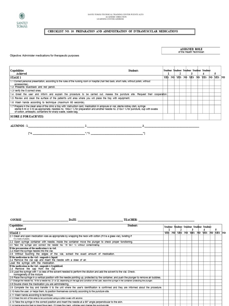 Intramuscular Medication Administration Checklist | PDF | Syringe ...