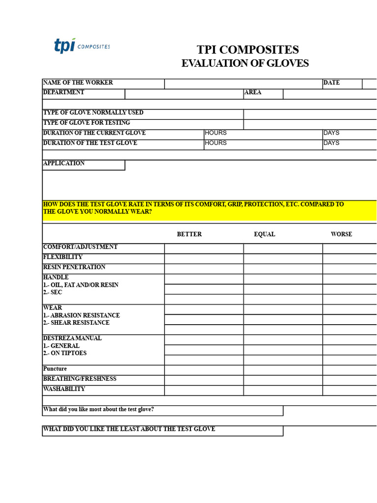 TPI Composites Glove Evaluation Form | PDF