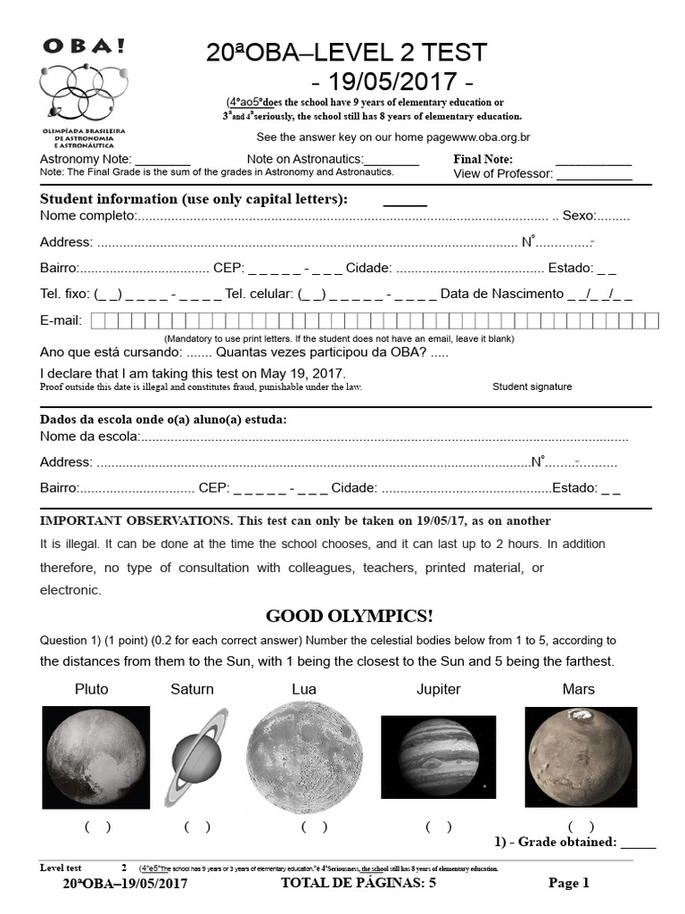Level 2 Test of XX OBA 2017 | PDF | Eclipse | Sun