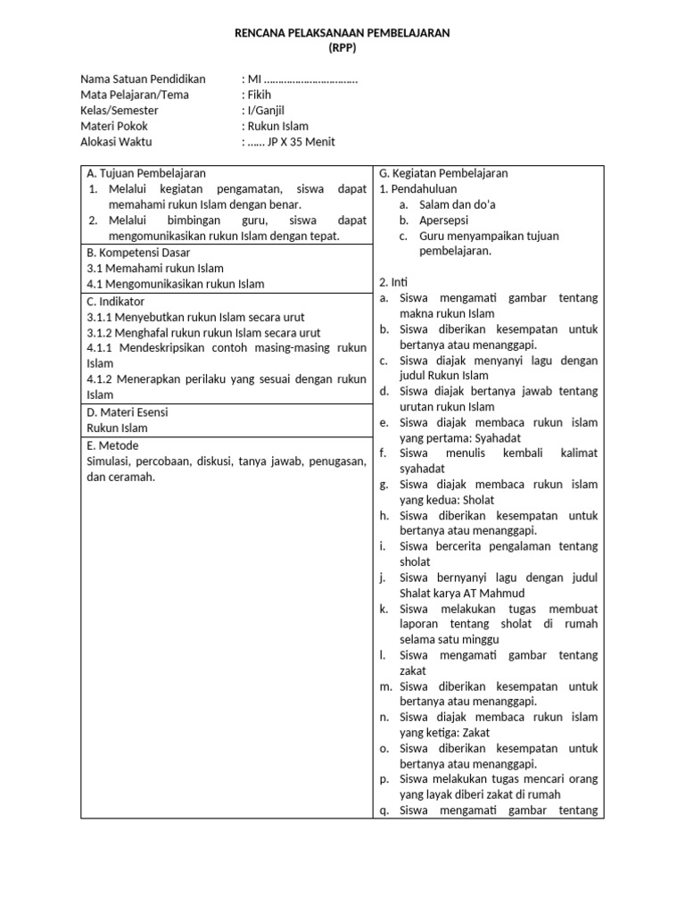 RPP Fikih Kelas I: Rukun Islam dan Tata Cara | PDF