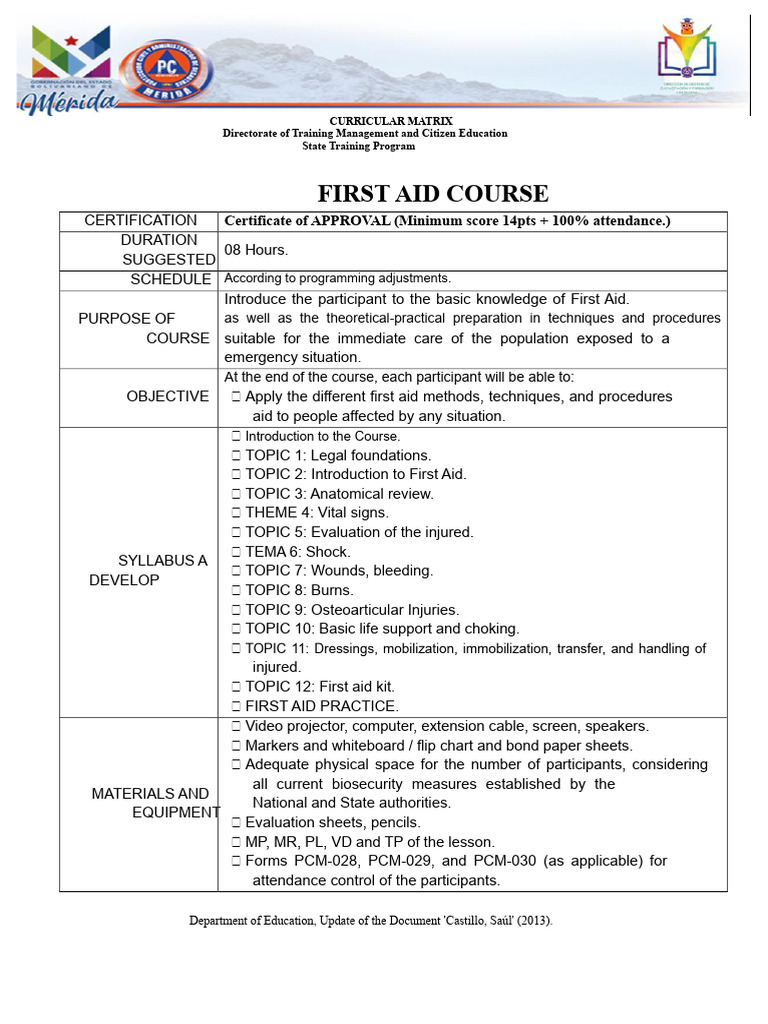 First Aid Course Curriculum Overview | PDF | First Aid | Curriculum