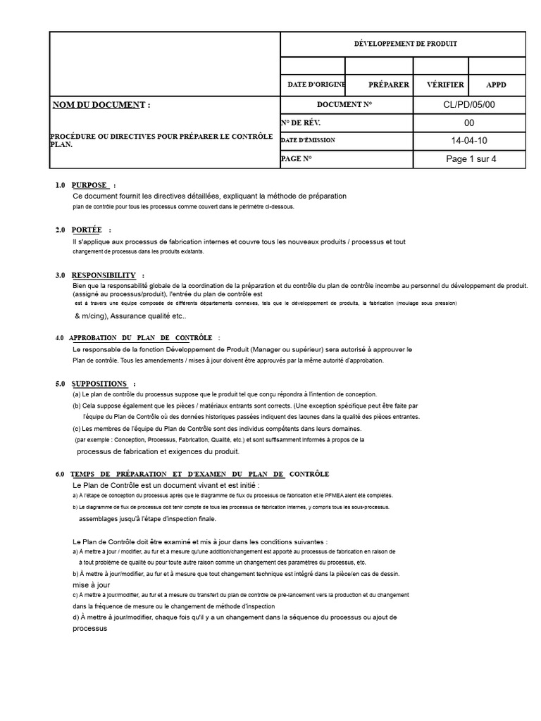 Directives pour le Plan de Contrôle Produit | PDF | Secteur secondaire ...