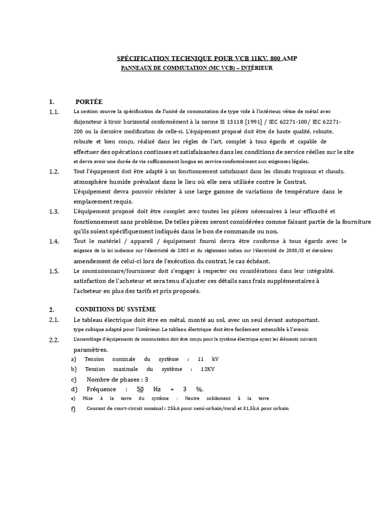 Spécifications Techniques VCB 11kV 800A | PDF | Puissance (physique ...