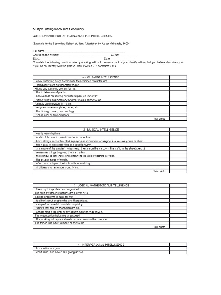 Multiple Intelligences Test for Students | PDF | Human Communication ...