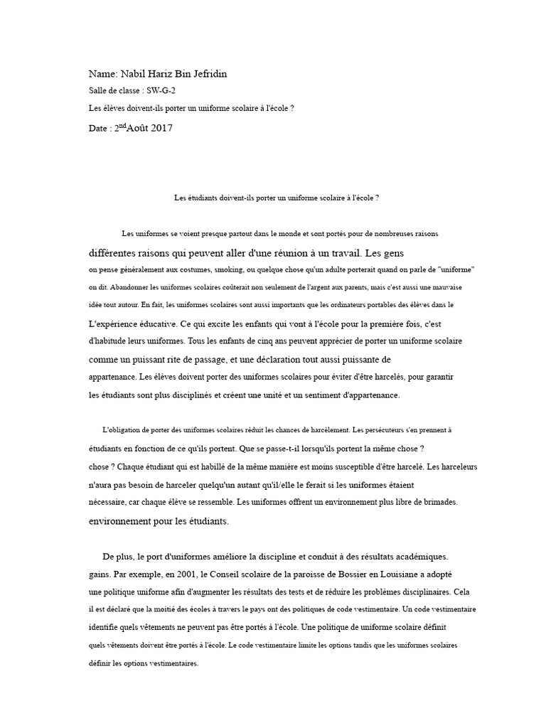 Avantages des uniformes scolaires | PDF