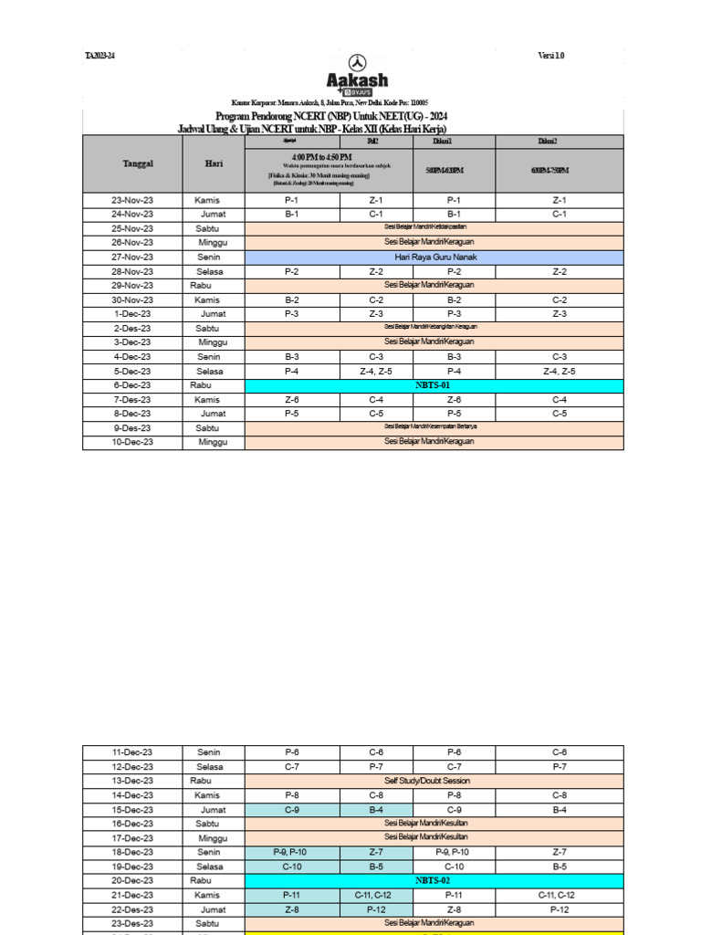 Jadwal Ujian NBP NEET 2024 Kelas XII | PDF