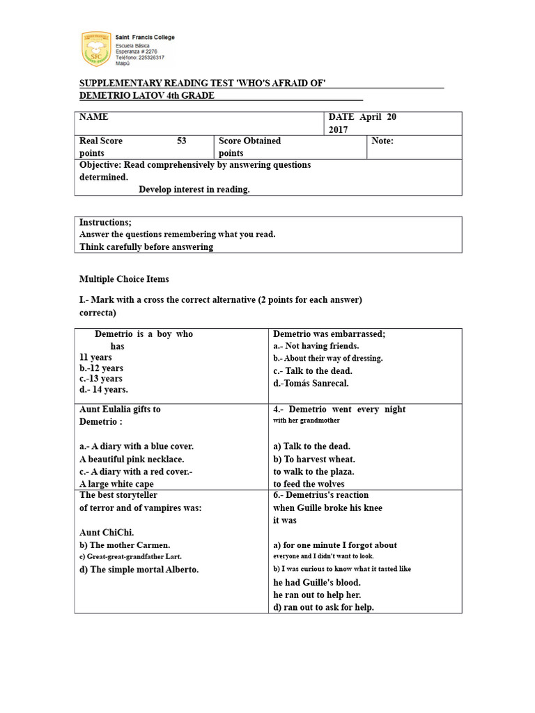 4th Grade Reading Test: Demetrio Latov | PDF | Multiple Choice
