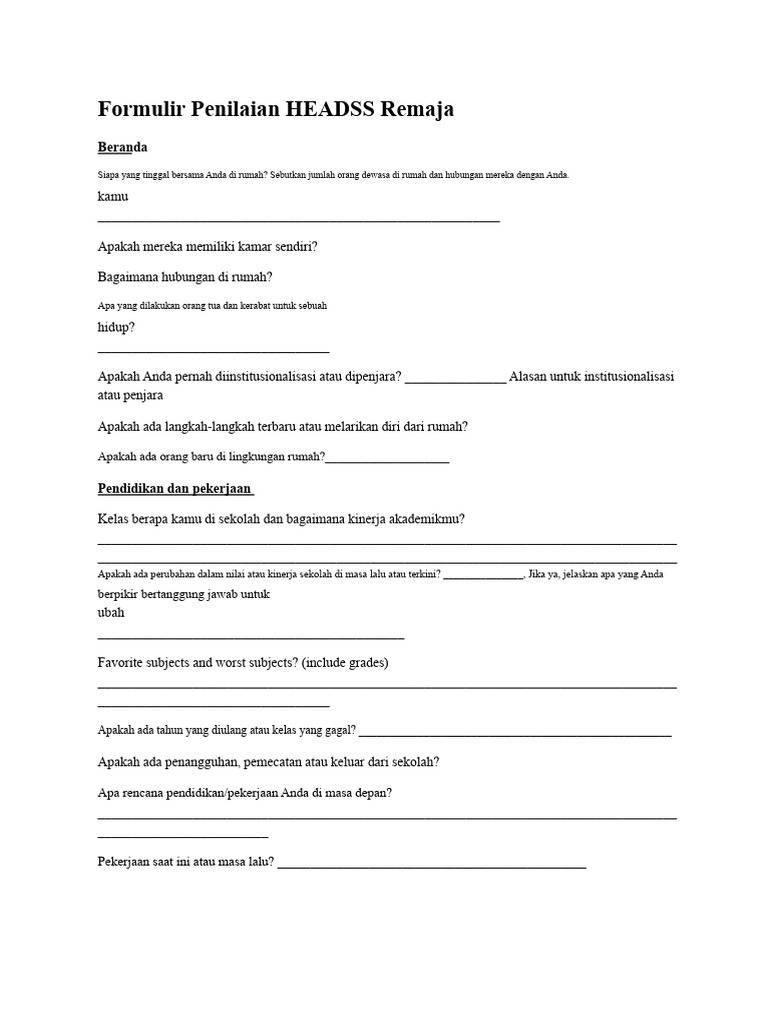 Formulir Penilaian HEADSS Remaja PDF | PDF