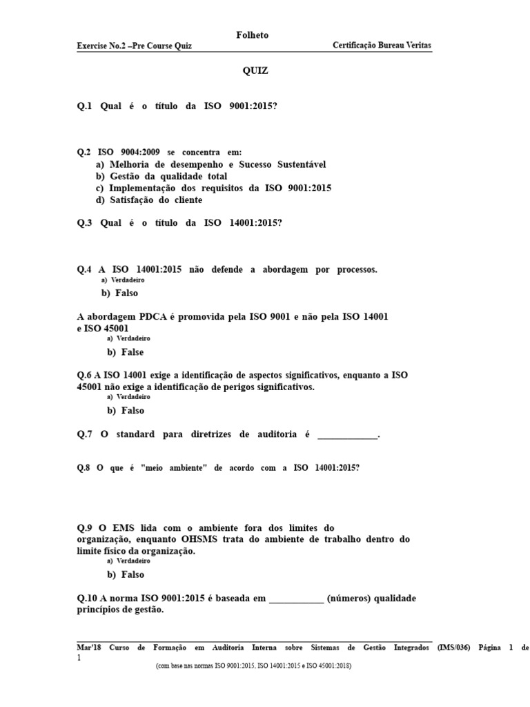 Quiz sobre Normas ISO 9001 e 14001 | PDF