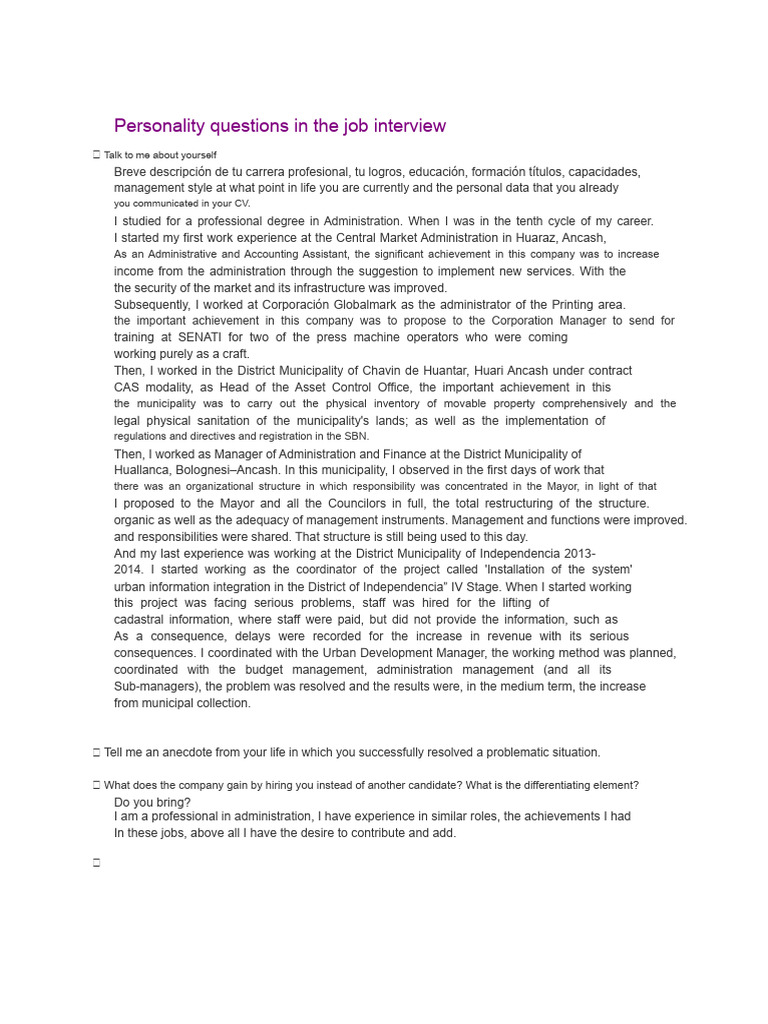 Personality Questions in The Job Interview | PDF | Job Interview ...