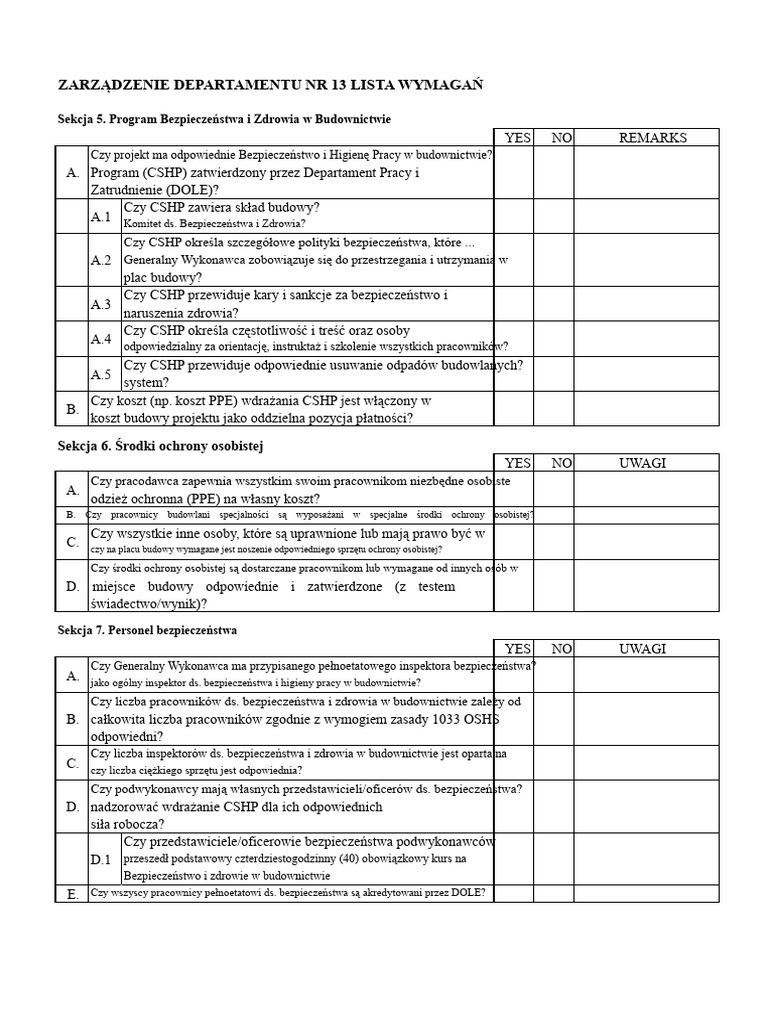 D O N0 13 Lista Kontrolna Wymagań OSHC | PDF