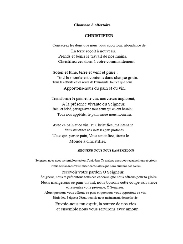 Chansons d'Offertoire : Prières et Dons | PDF