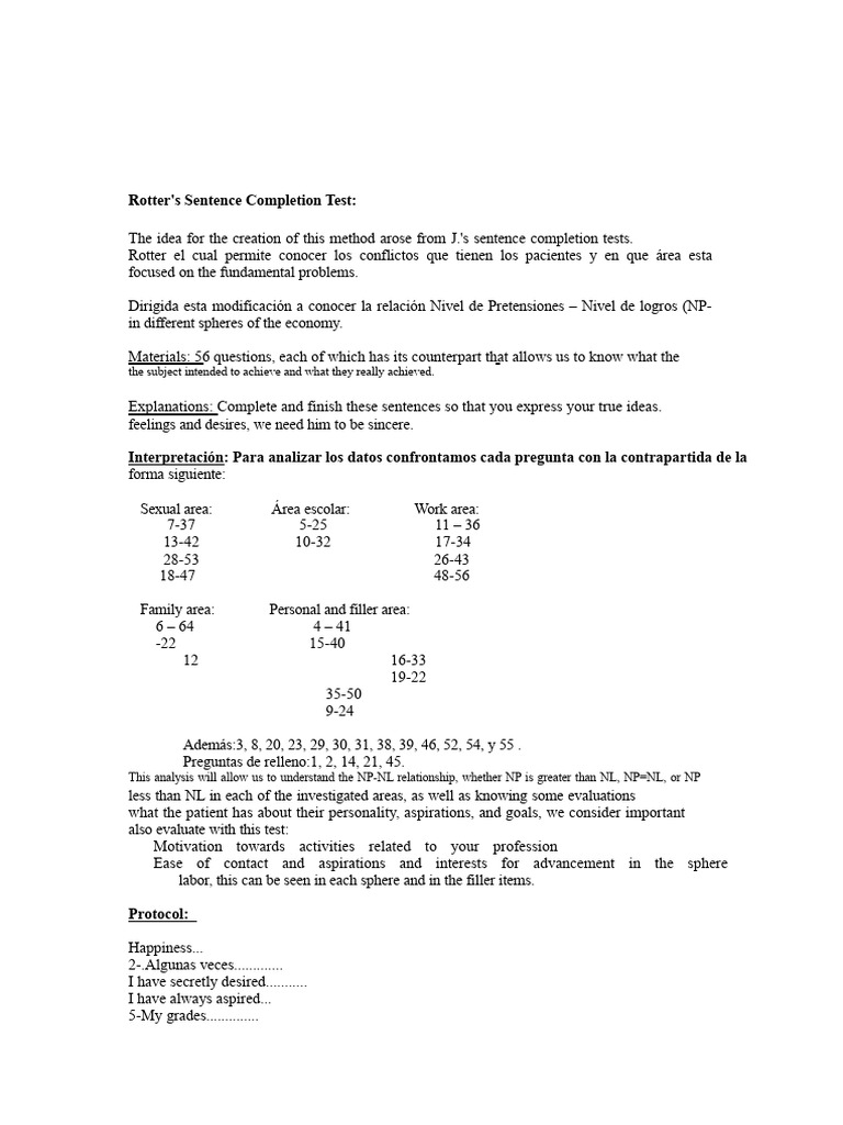 Rotter's Sentence Completion Test Guide | PDF | Cognition | Psychology