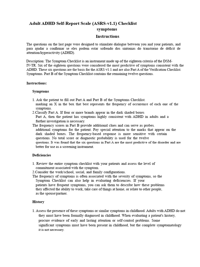 Adult ADHD ASRS-v1.1 Checklist Guide | PDF | Attention Deficit ...