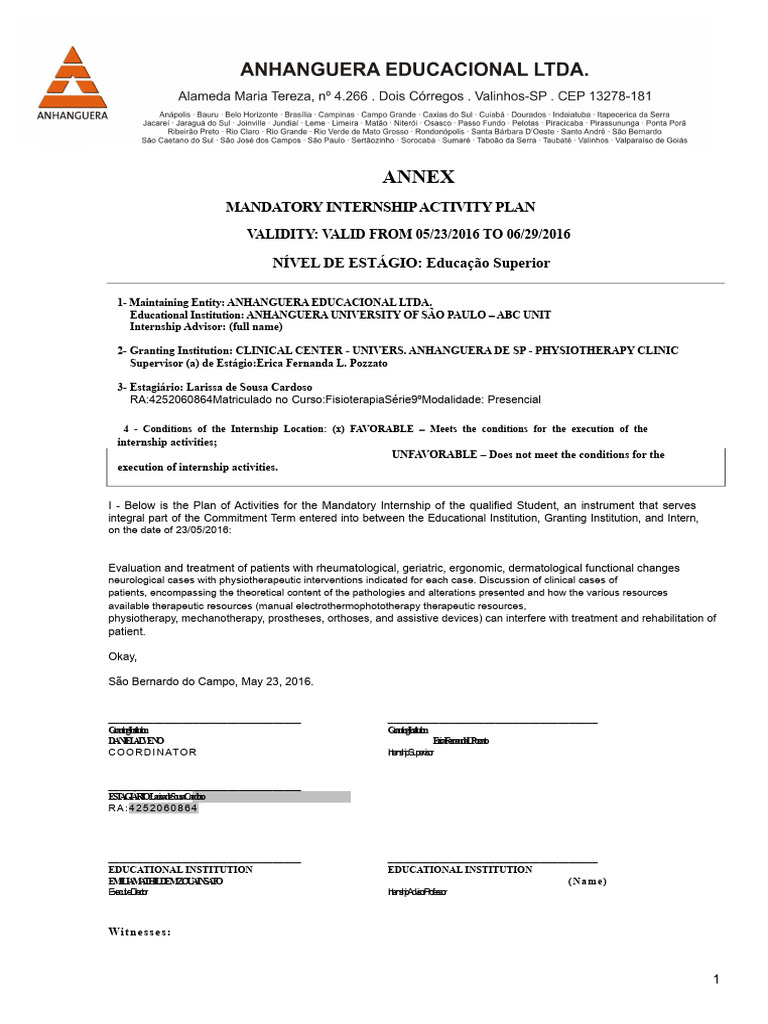 Mandatory Internship Activity Plan 2016 | PDF | Physical Therapy ...