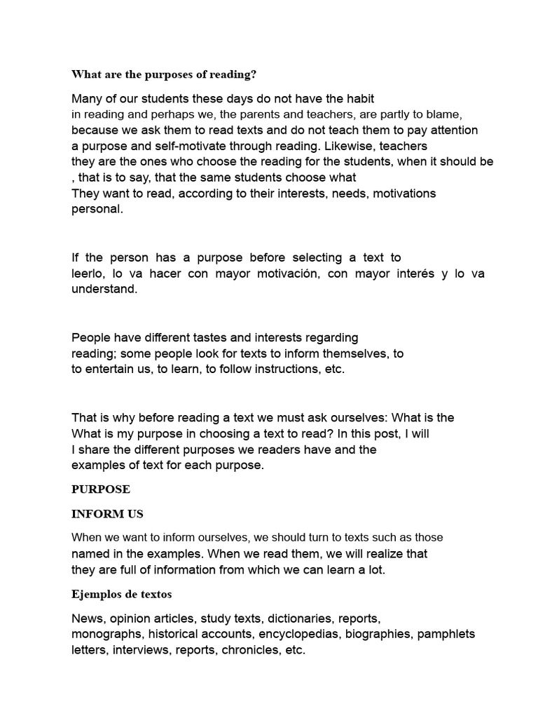 Purposes of Reading Explained | PDF | Reading Comprehension | Writing