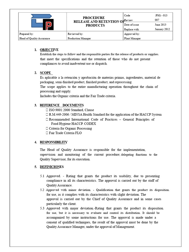 Product Release and Retention Procedure | PDF | Regulatory Compliance ...
