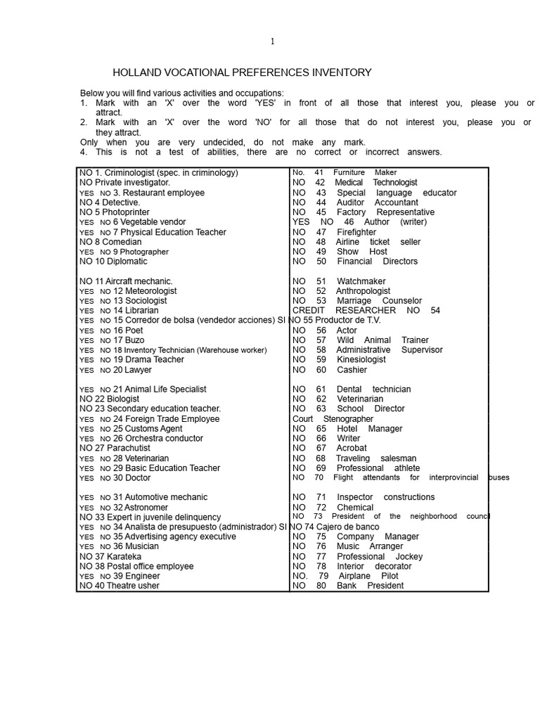 Holland Vocational Preference Inventory | PDF