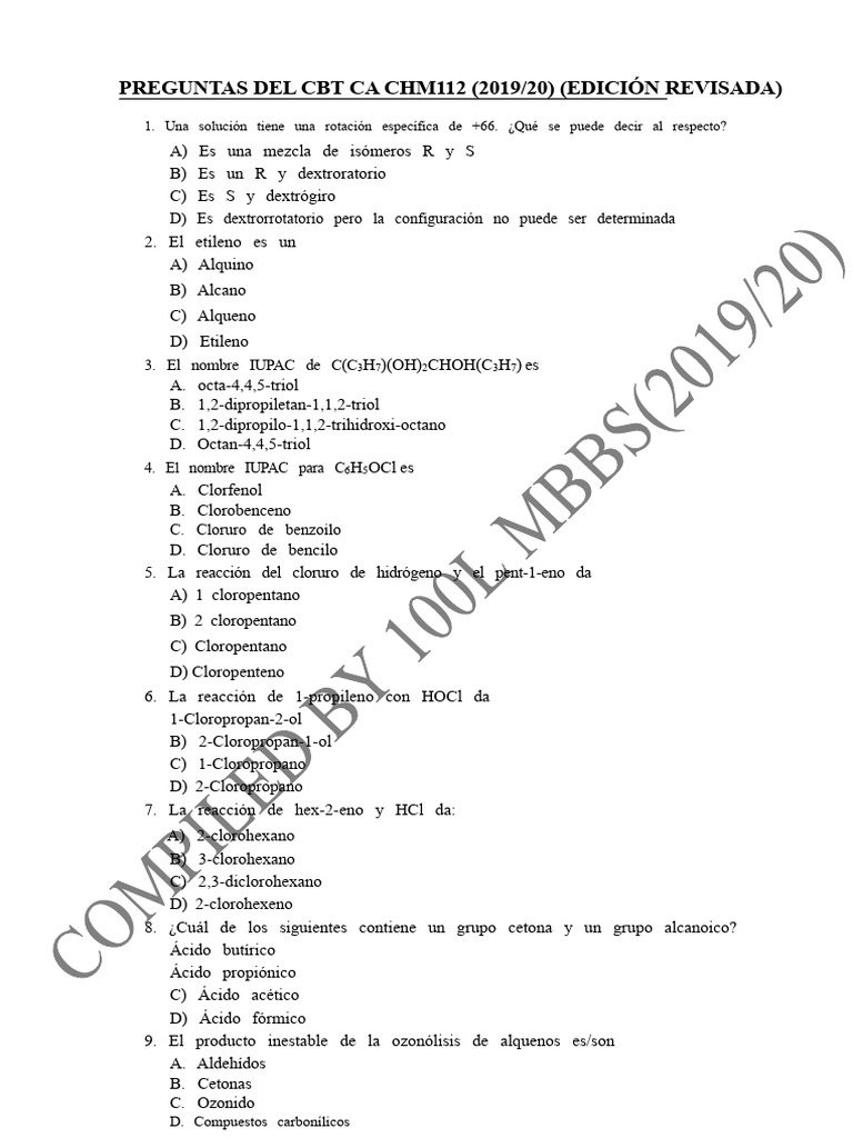 Preguntas de CA CBT de CHM112 | PDF | Hidrocarburos | Alqueno
