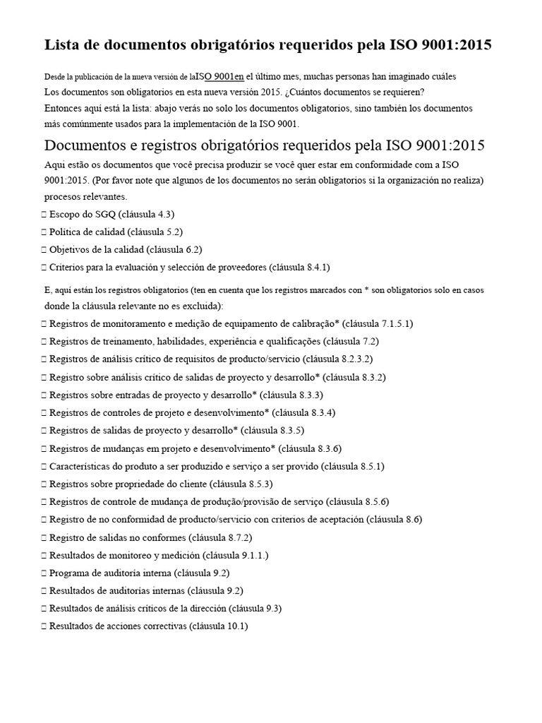 Documentos obligatorios ISO 9001:2015 | PDF | Sistema de manejo de ...