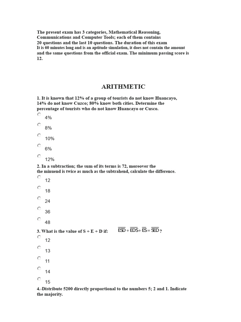 Aptitude Exam: Math & Verbal Reasoning | PDF | Subtraction