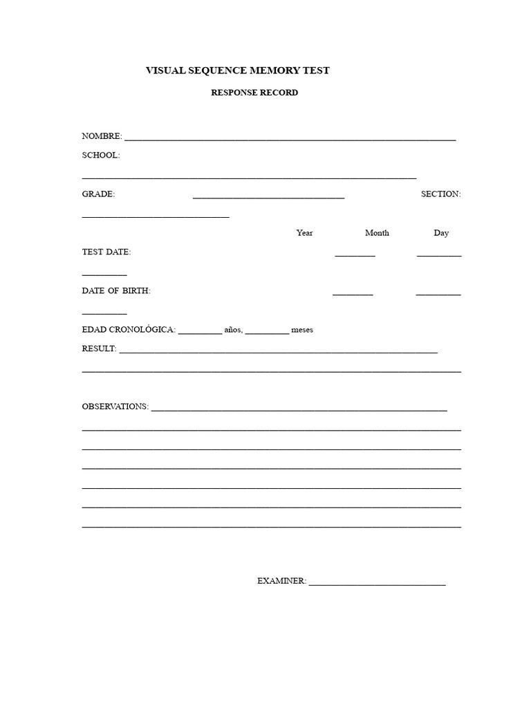 Visual Sequence Memory Test Record | PDF