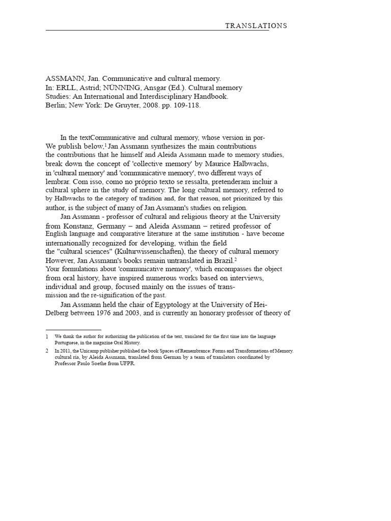 ASSMANN, Jan - Communicative Memory and Cultural Memory | PDF ...