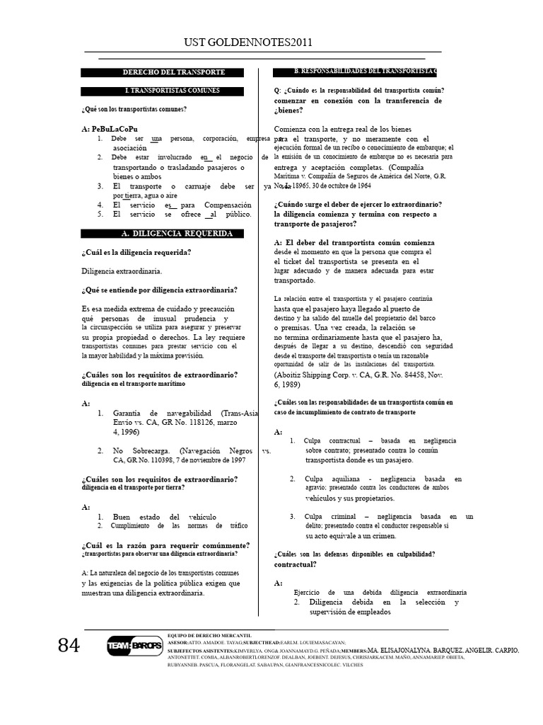 UST Golden Notes - Ley de Transporte PDF | PDF | Pasajero | Guía de carga