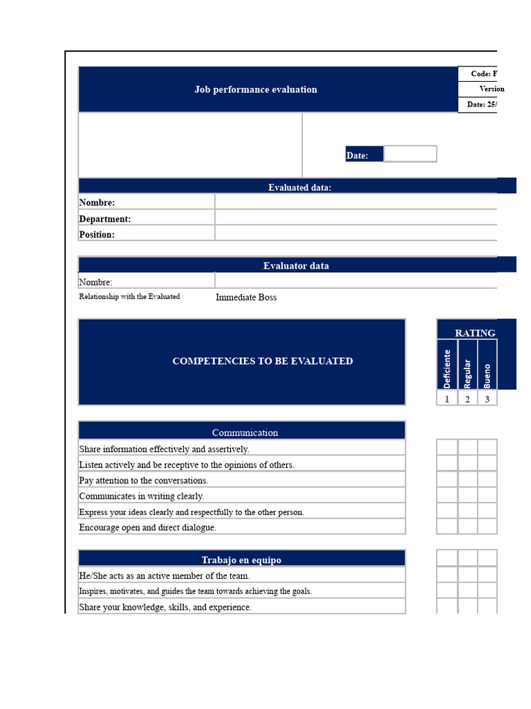 Job Performance Evaluation Template | PDF | Performance Appraisal | Goal