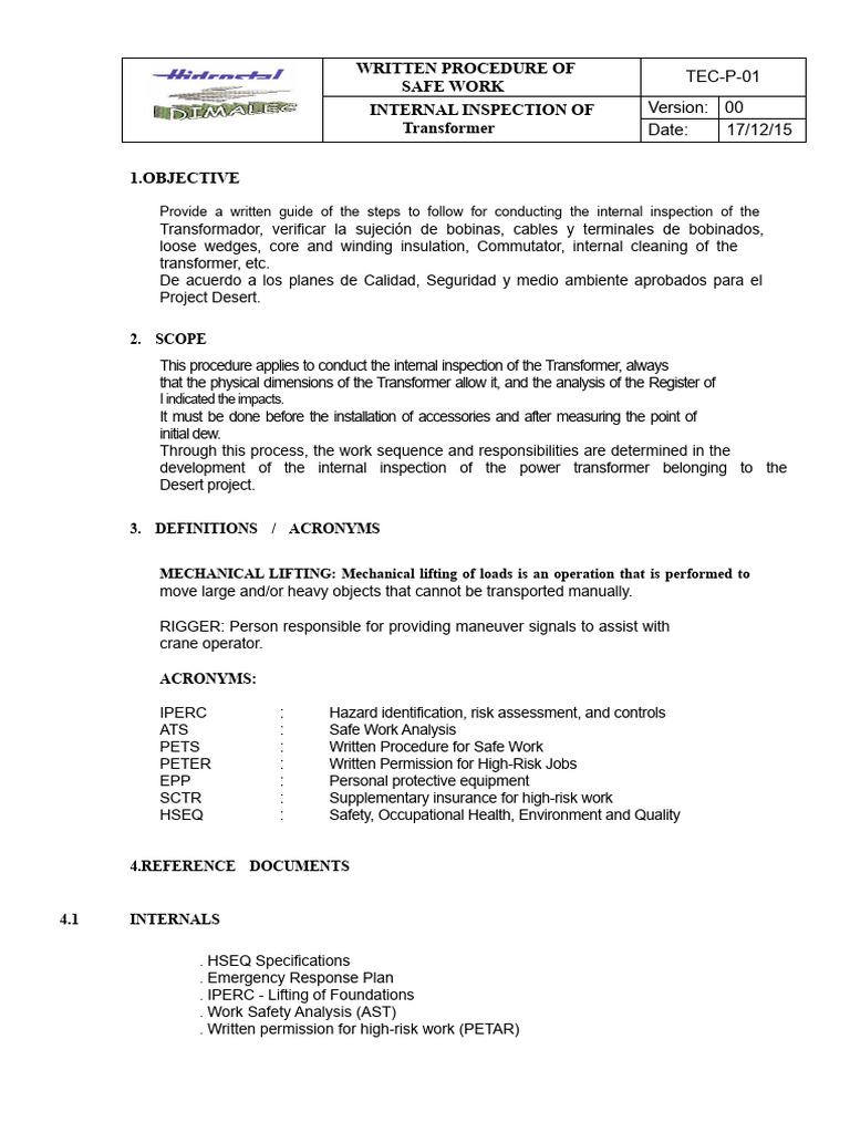 Transformer Internal Inspection Procedure | PDF | Transformer ...