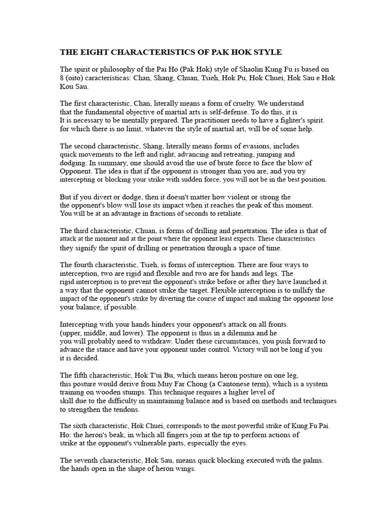 The Eight Characteristics of Pak Hok Style | PDF | Shaolin Monastery ...